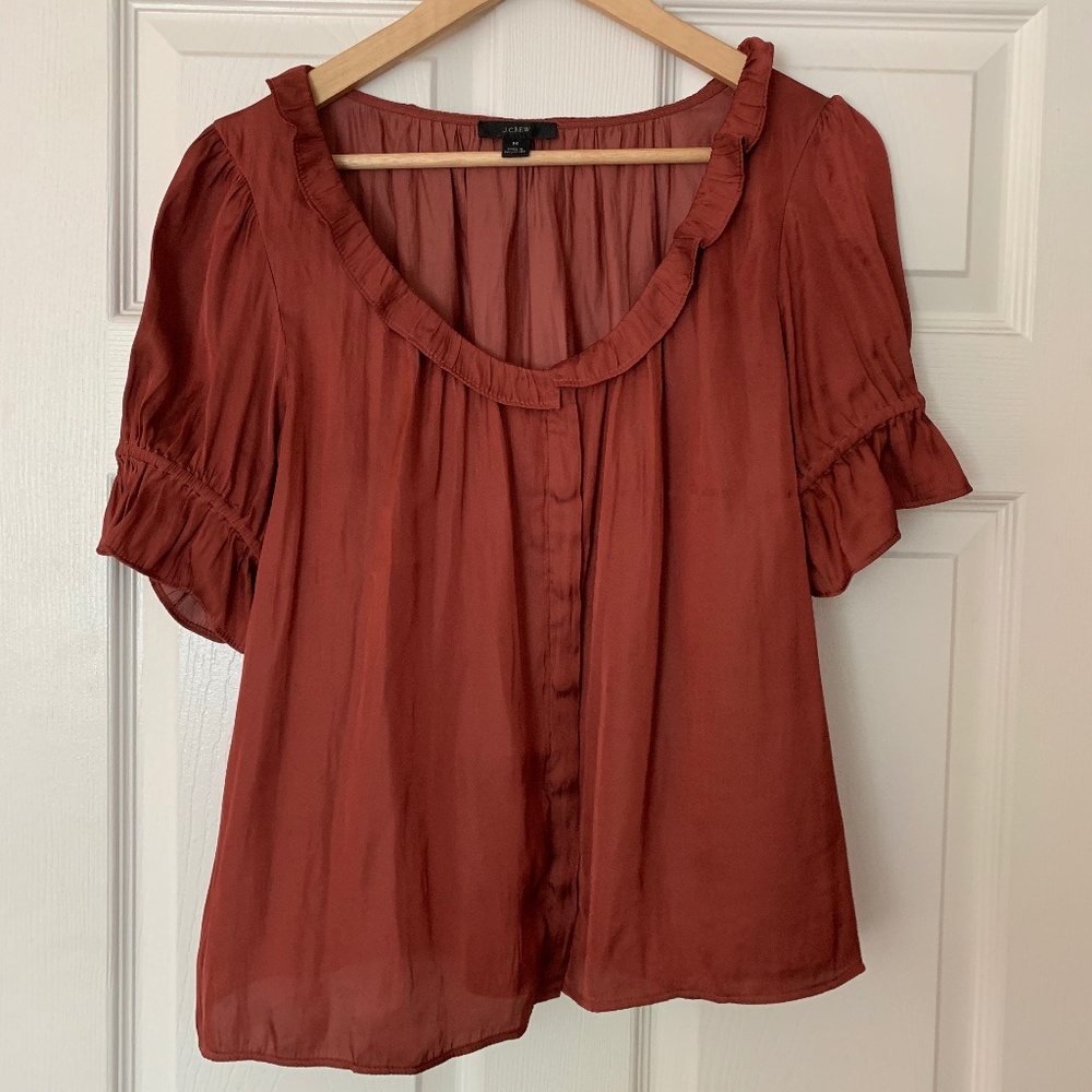 J Crew Ruffle featherweight satin scoop neck top